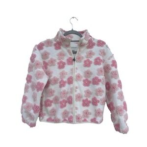 Lucky Brand Kids Girls Fuzzy Flower Fleece Jacket Size M 10 12 Pink White Zip Up